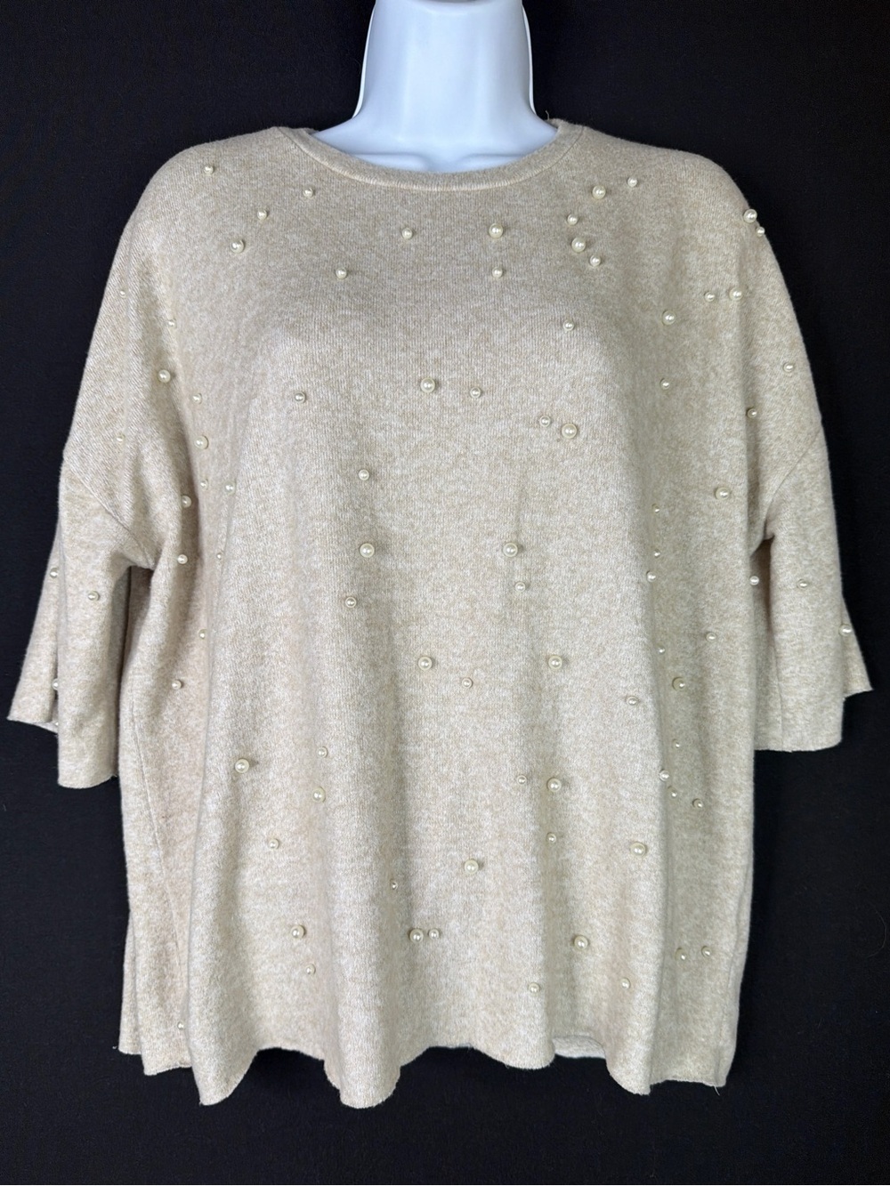 Zara boxy Women's Pearl-Embellished Cream Sweater